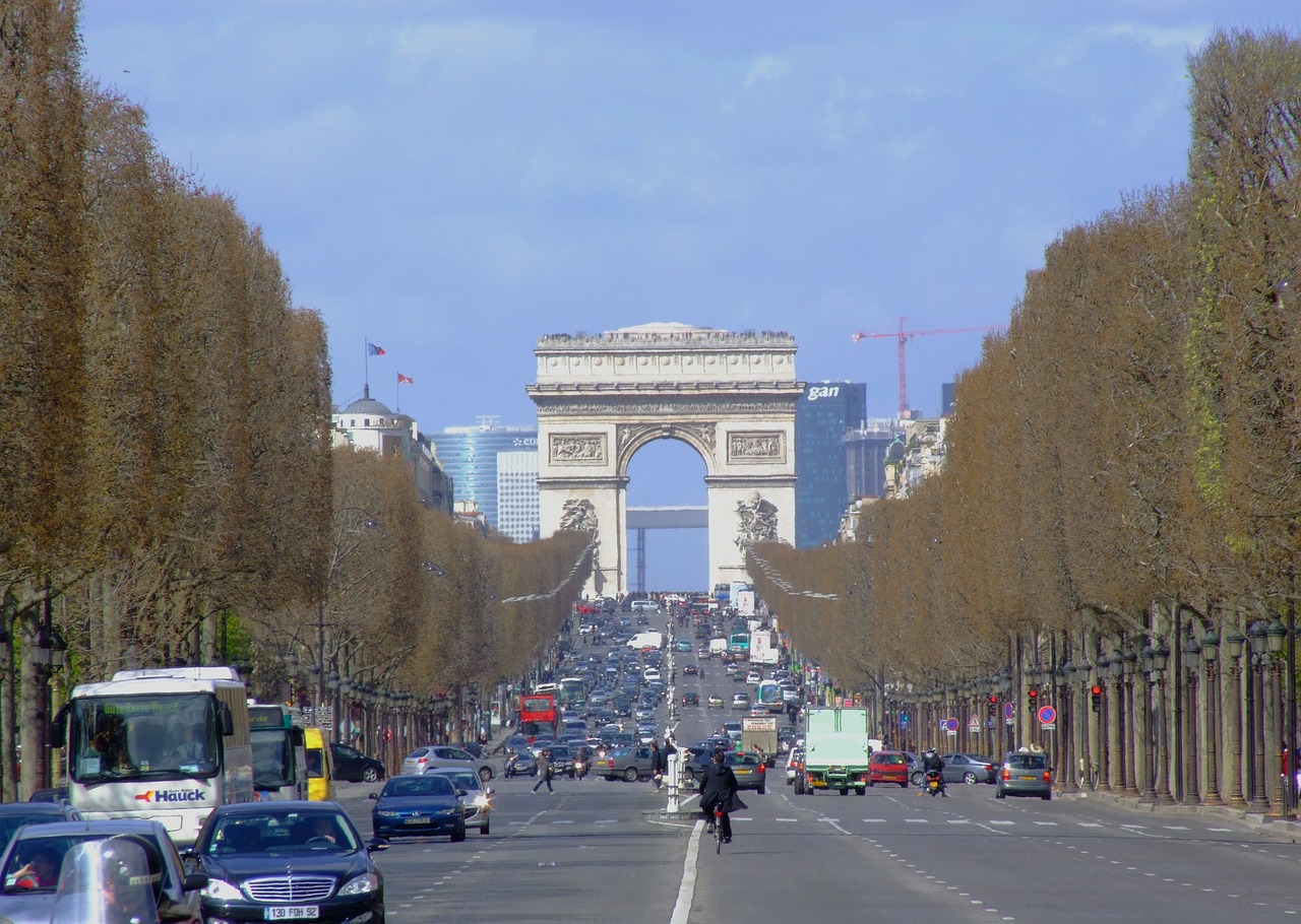Paris, France, Triumfo Arka, Paminklas, Champs-Elysees, Gatvė, Medžiai, Transporto Priemonės, Eismas, Miestas