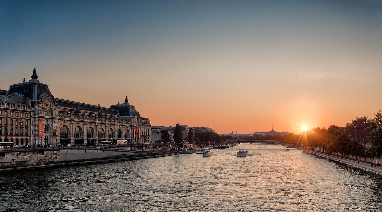 Paris, Upė Seine, Saulėlydis, Muse Dorsay, Muziejus, Miestas, Dusk, Twilight, Orientyras, Pastatas