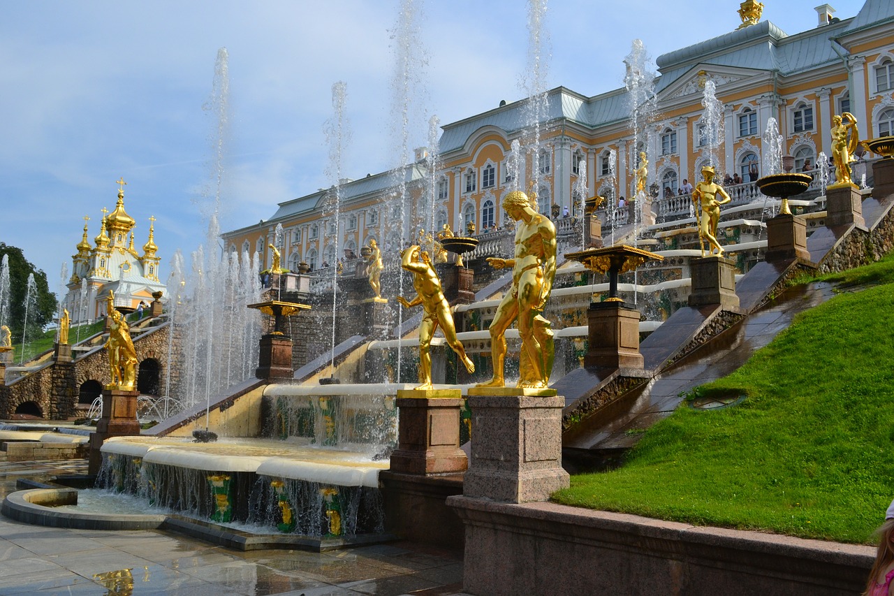 Peterhof, Rusija, Petrodvorets, Rūmai, Parkas, Fontanai, Didelis Krioklys, Auksinė Statula, Aukso Statulos, Laiptinė