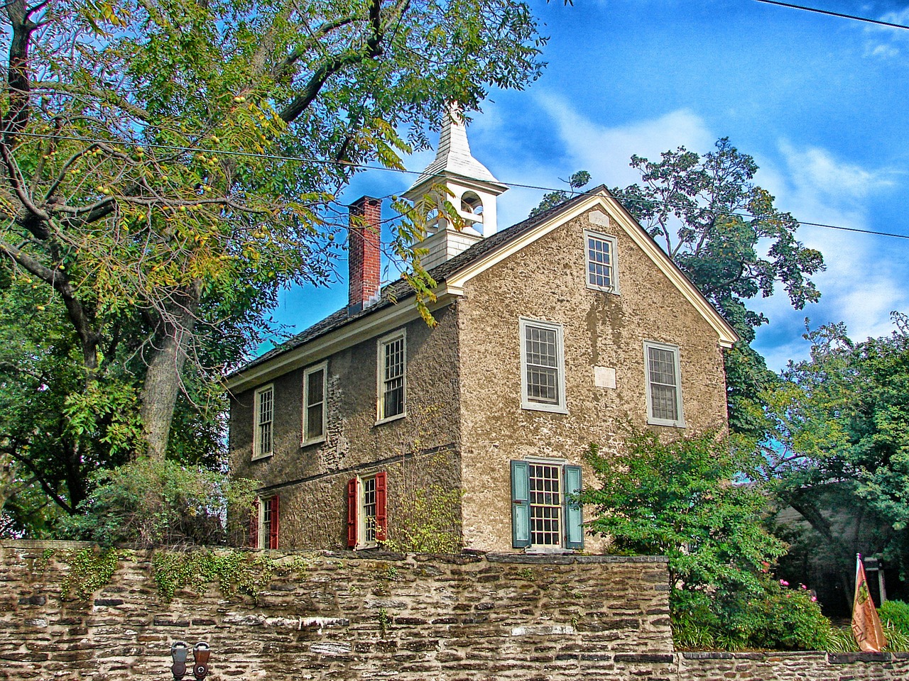 Filadelfija, Pennsylvania, Mokykla, Orientyras, Istorinis, Istorinis, Medžiai, Dangus, Hdr, Miestas