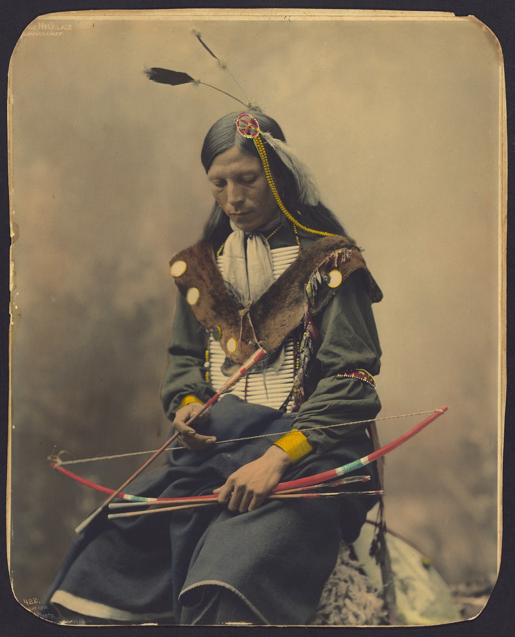 Nuotrauka, Archyvas, Archyvinis, Nuotrauka, Vintage, Hein, 1899, Oglala Lakota Vyriausiasis, Kaulo Karoliai, Indijos