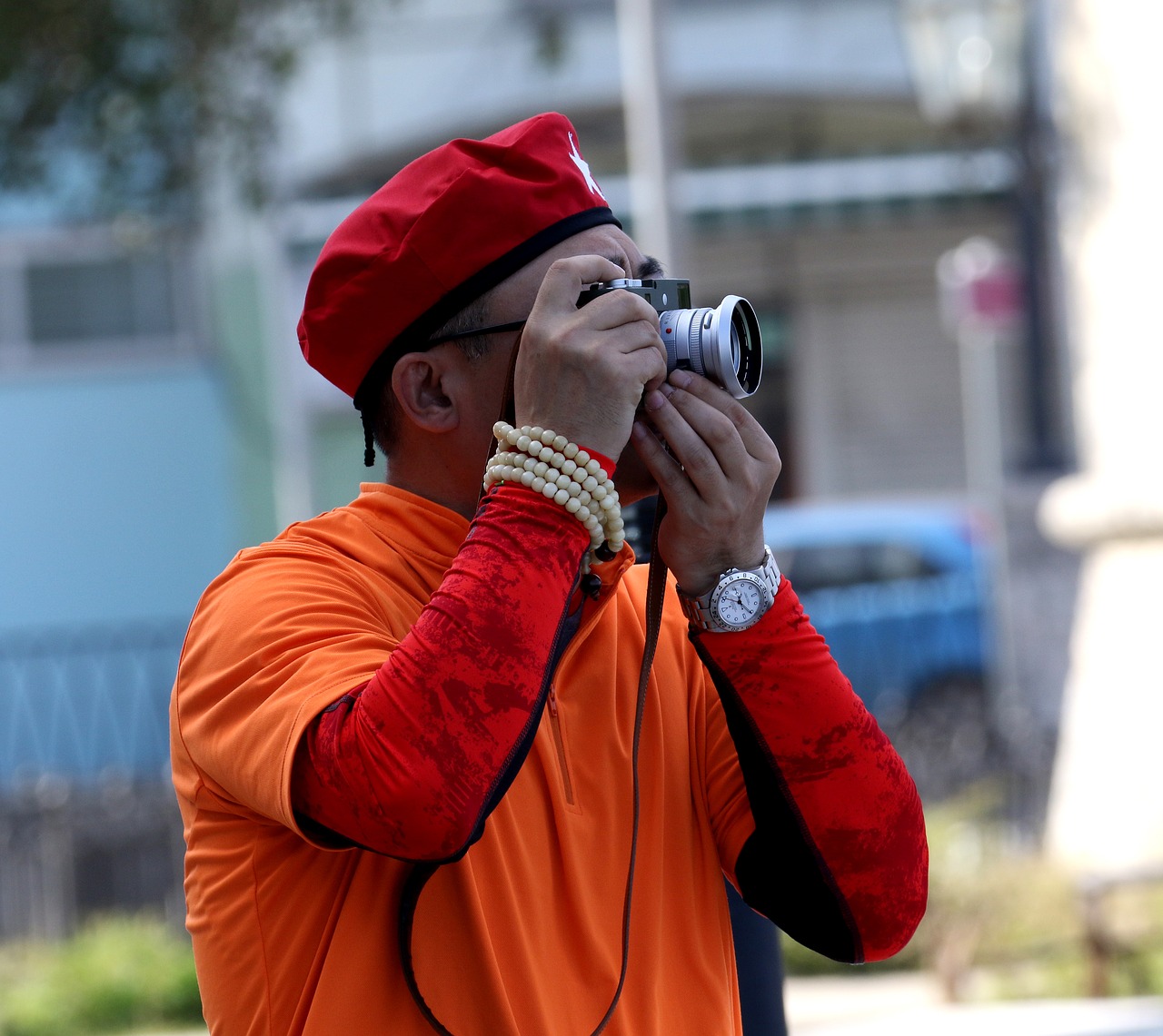 Fotografas, Fotoaparatas, Havana Kuba, Fotografija, Įranga, Šaudymas, Asmuo, Raudona Kepurė, Oranžinė Marškinėlė, Vyras