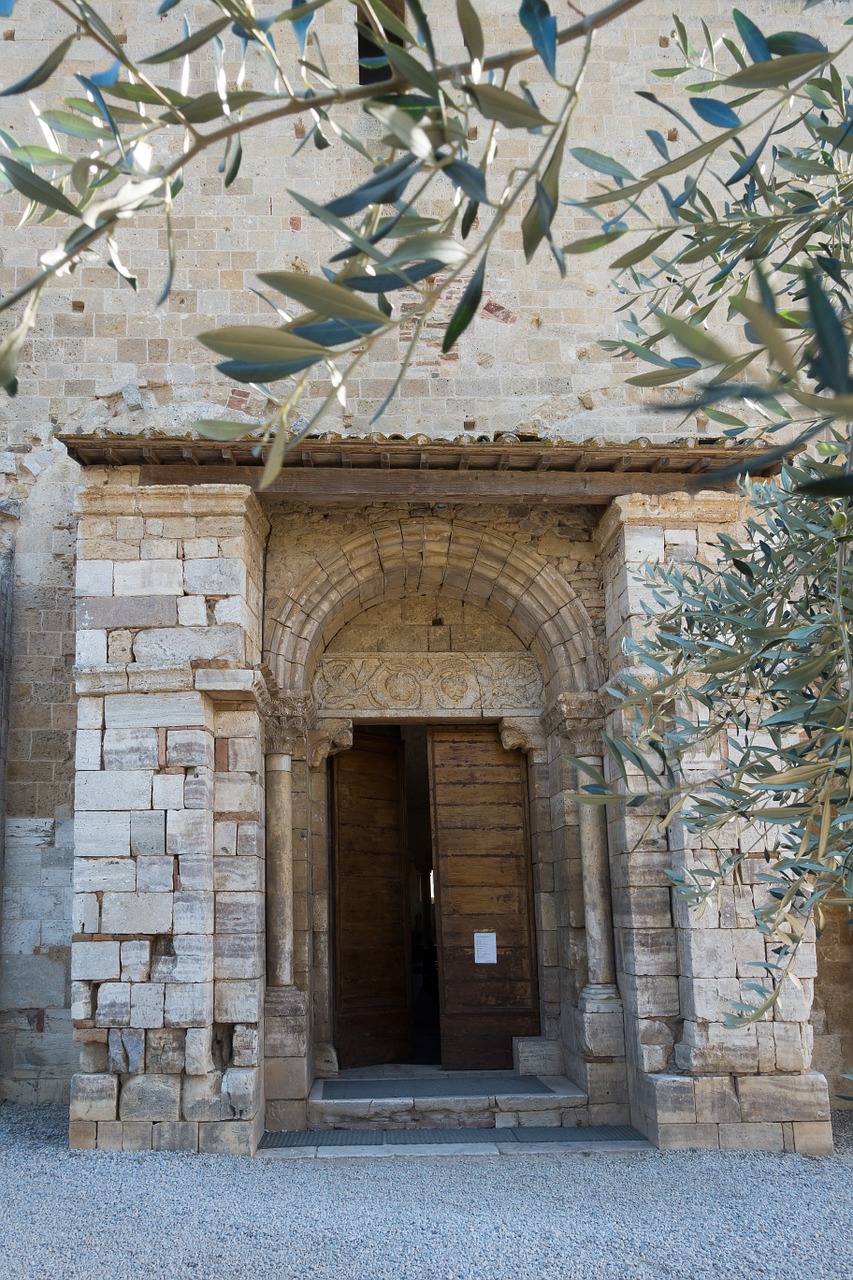 Portalas, Vartų Įėjimas, Abatija, Vienuolynas, Bažnyčia, Romanesque, Toskana, Italy, San Antimo, Montalcino