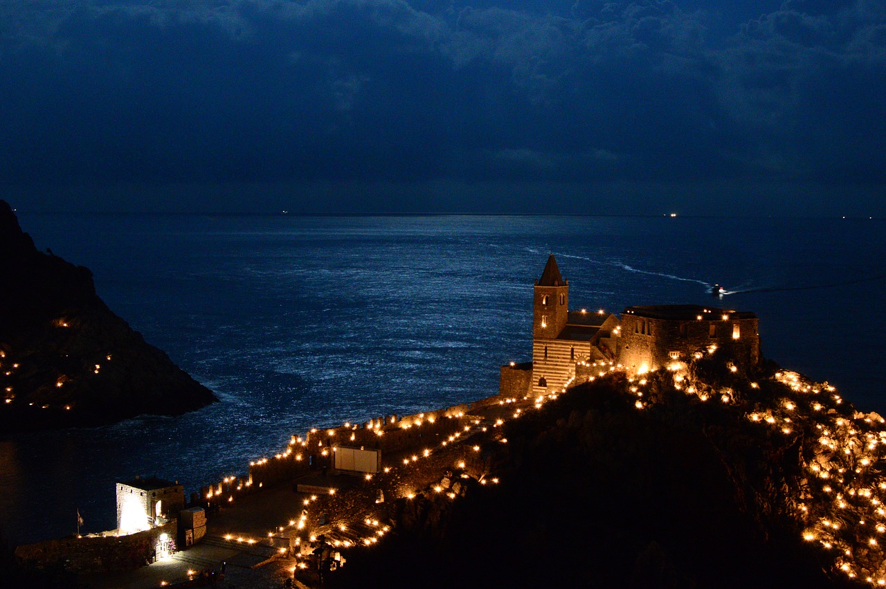 Portovenere, Žibintai, Naktis, Prieskoniai, Ligurija, Italy, Atostogos, Turizmas, Miestas, Bažnyčia