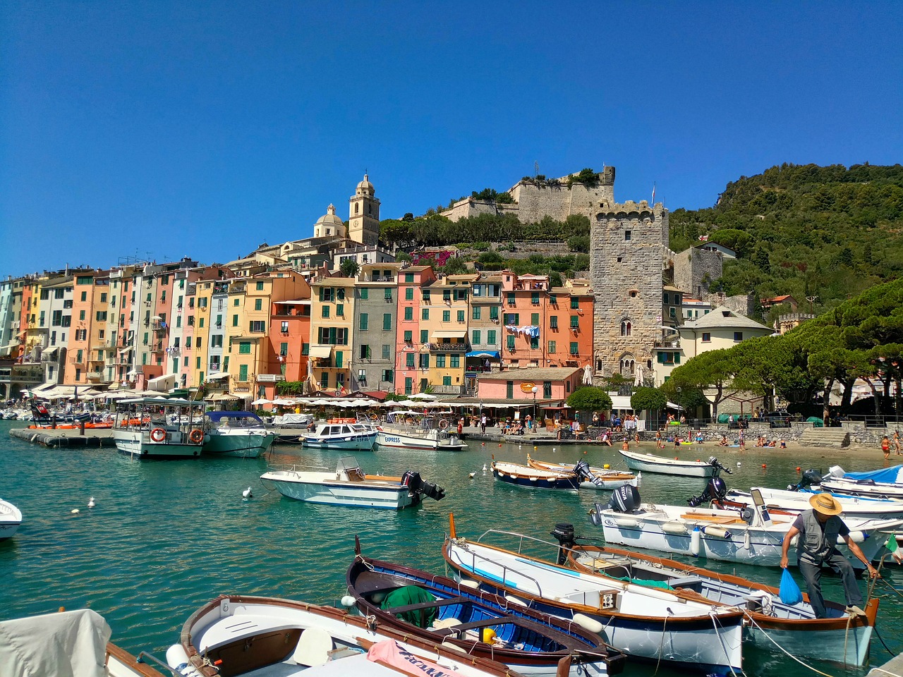 Portovenere, Spalvoti Namai, Terasa, Jūra, Boulevard, Cinque Terre, Ligurija, La Spezia, Uostas, Valtys