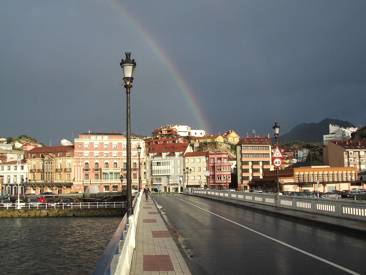 Vaivorykštė, Gatvės Lempa, Dangus, Miestas, Saulėlydis, Kraštovaizdis, Ribadesella, Asturias, Ispanija, Turizmas