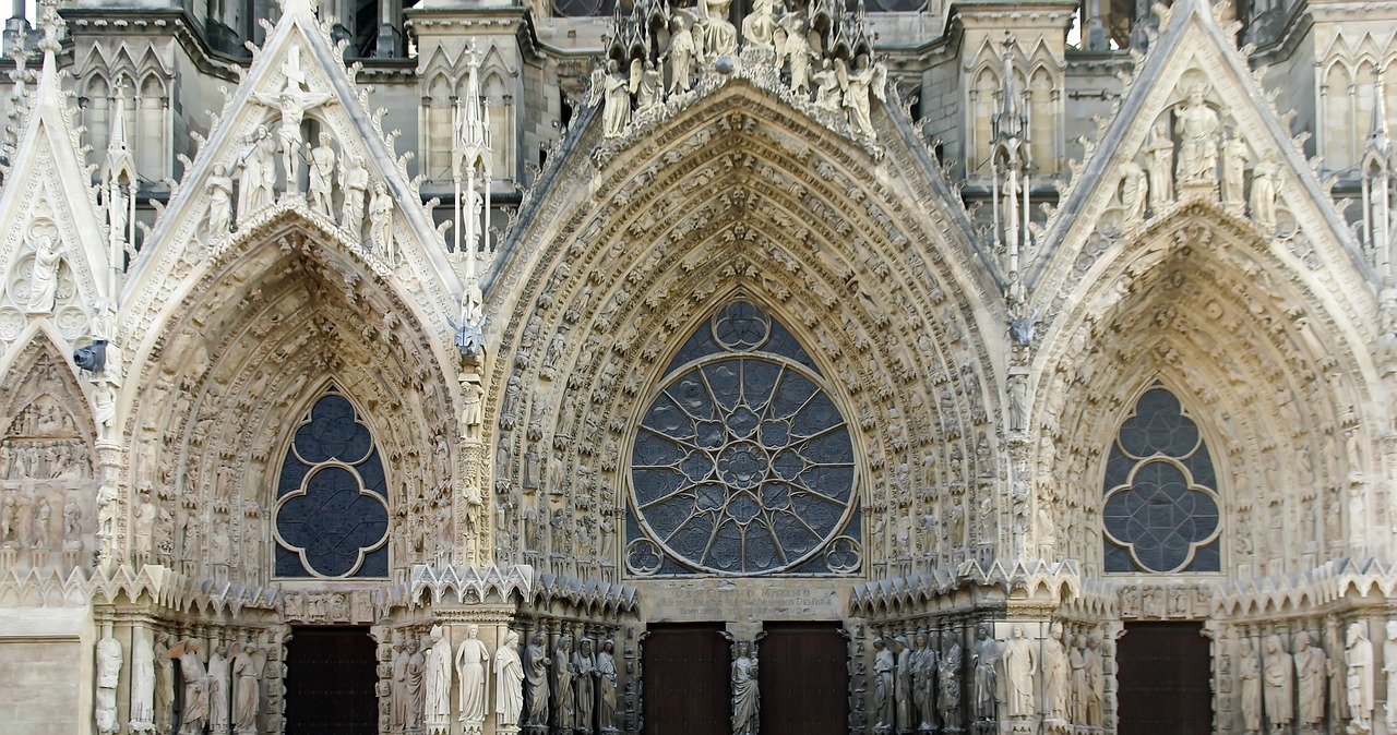 Reimsas, Katedra, Rozetė, Prancūzijos Gotikos Architektūra, Trys Vartai, Statulos, Religinis, Garbinimas, Religija, Krikščionis