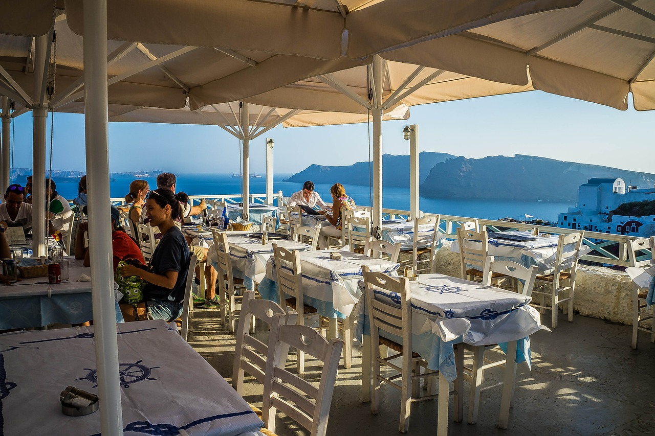 Restoranas, Oia, Santorini, Graikija, Pietauti, Kelionė, Viduržemio Jūros, Romantiškas, Grožis, Atostogos