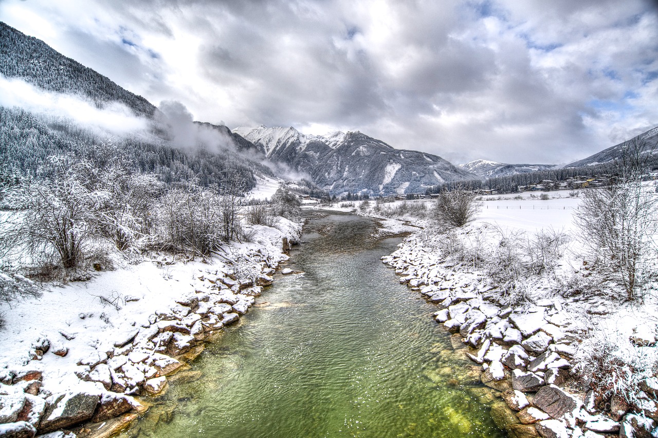 Upė, Austria, Žiema, Hdr, Šaltas, Sniegas, Kalnas, Debesys, Akmenys, Atspindys