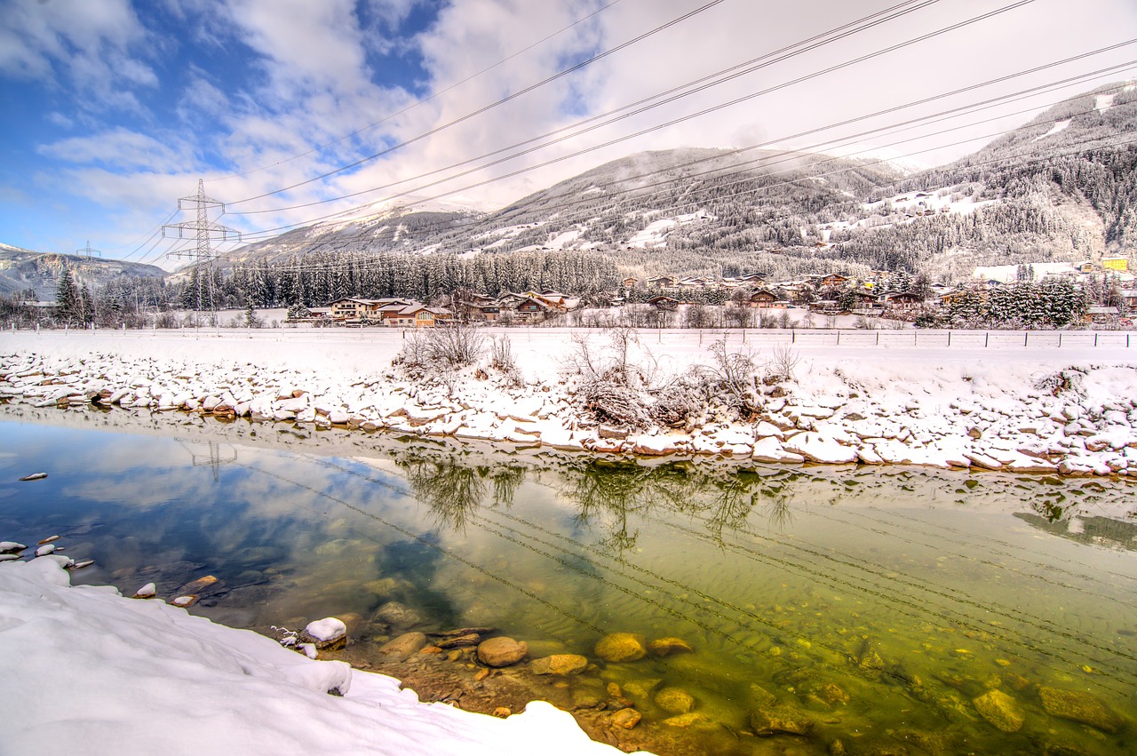 Upė, Austria, Žiema, Hdr, Šaltas, Sniegas, Kalnas, Debesys, Akmenys, Atspindys