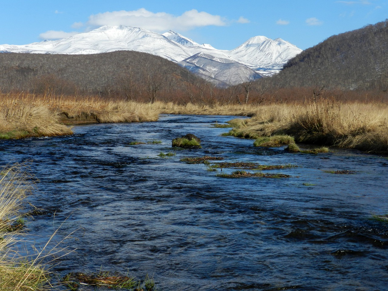 Upė, Kalnai, Ugnikalniai, Žiema, Karštas Pavasaris, Gamta, Kraštovaizdis, Medžiai, Šaltas, Kamchatka