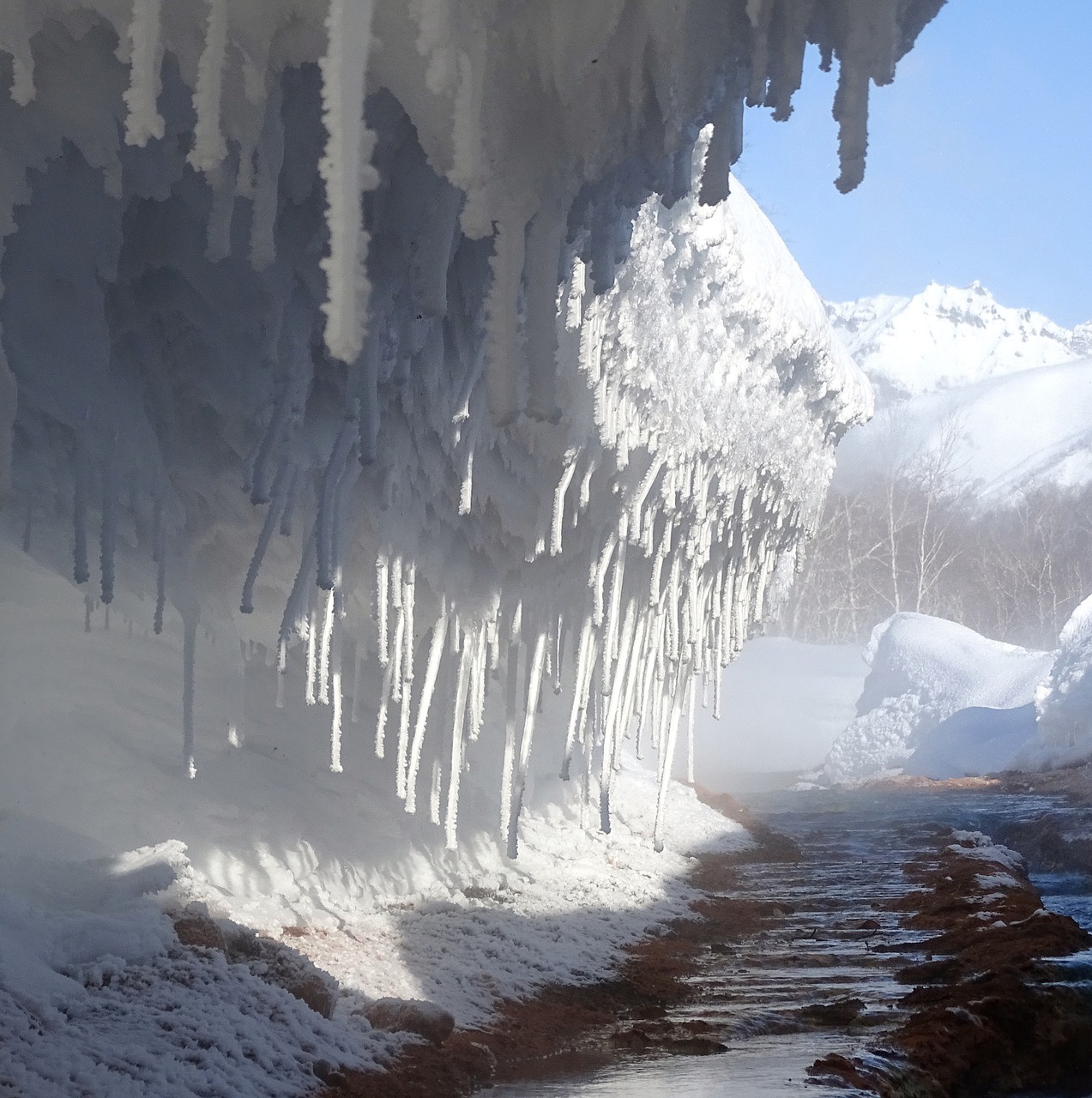 Upė,  Karštosios Versmės,  Upelis,  Žiema,  Poros,  Nalyčevo Slėnis,  Kamchatka,  Gamta,  Šaltas,  Kraštovaizdis