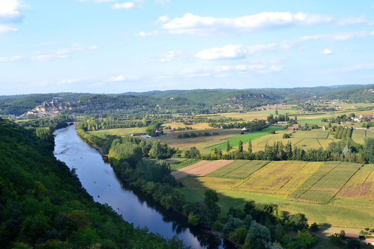 Upė, Dordogne, Dordogne Slėnis, Krantas, Laukai, Oro Vaizdas, France, Aquitaine, Kalnas, Mažas Slėnis
