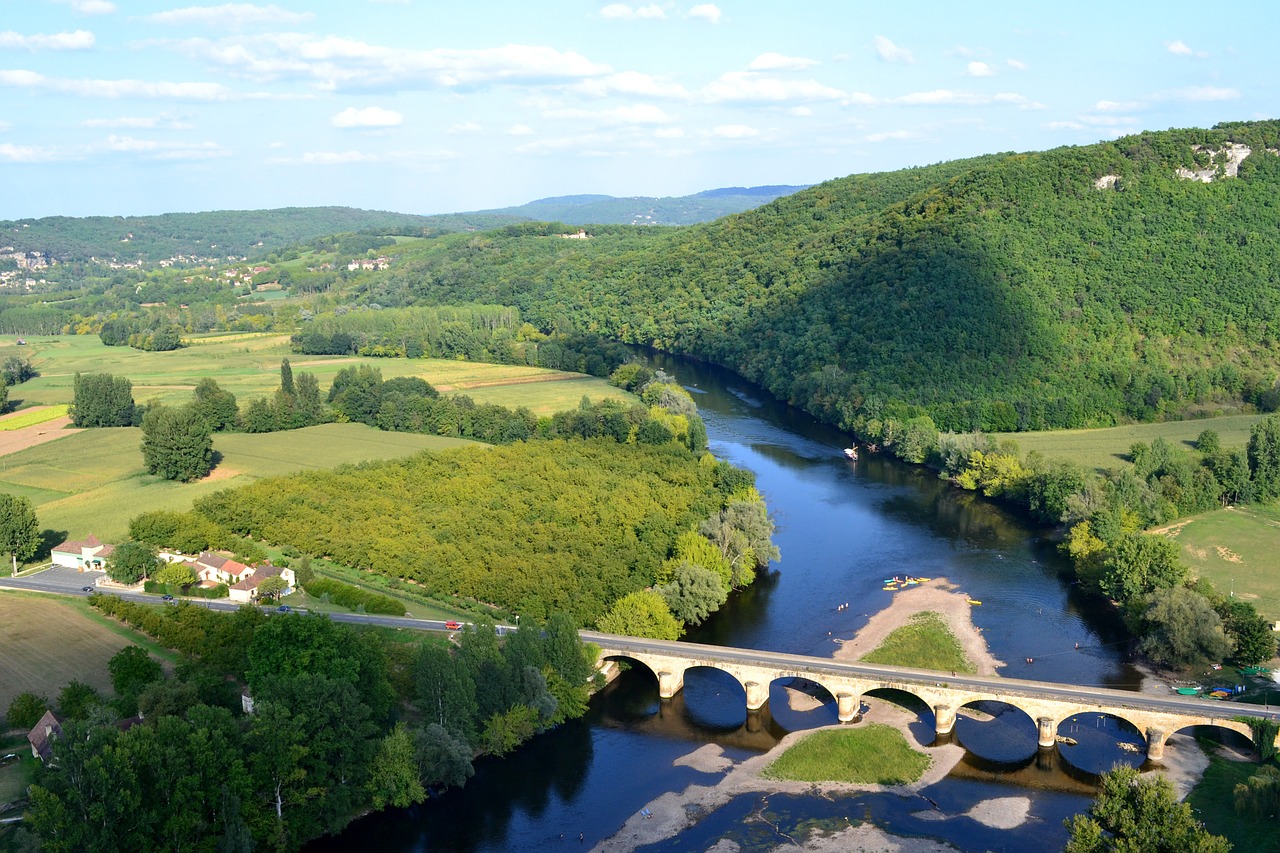 Upė, Tiltas, Sala, Dordogne, Dordogne Slėnis, Krantas, Miškas, Oro Vaizdas, France, Aquitaine
