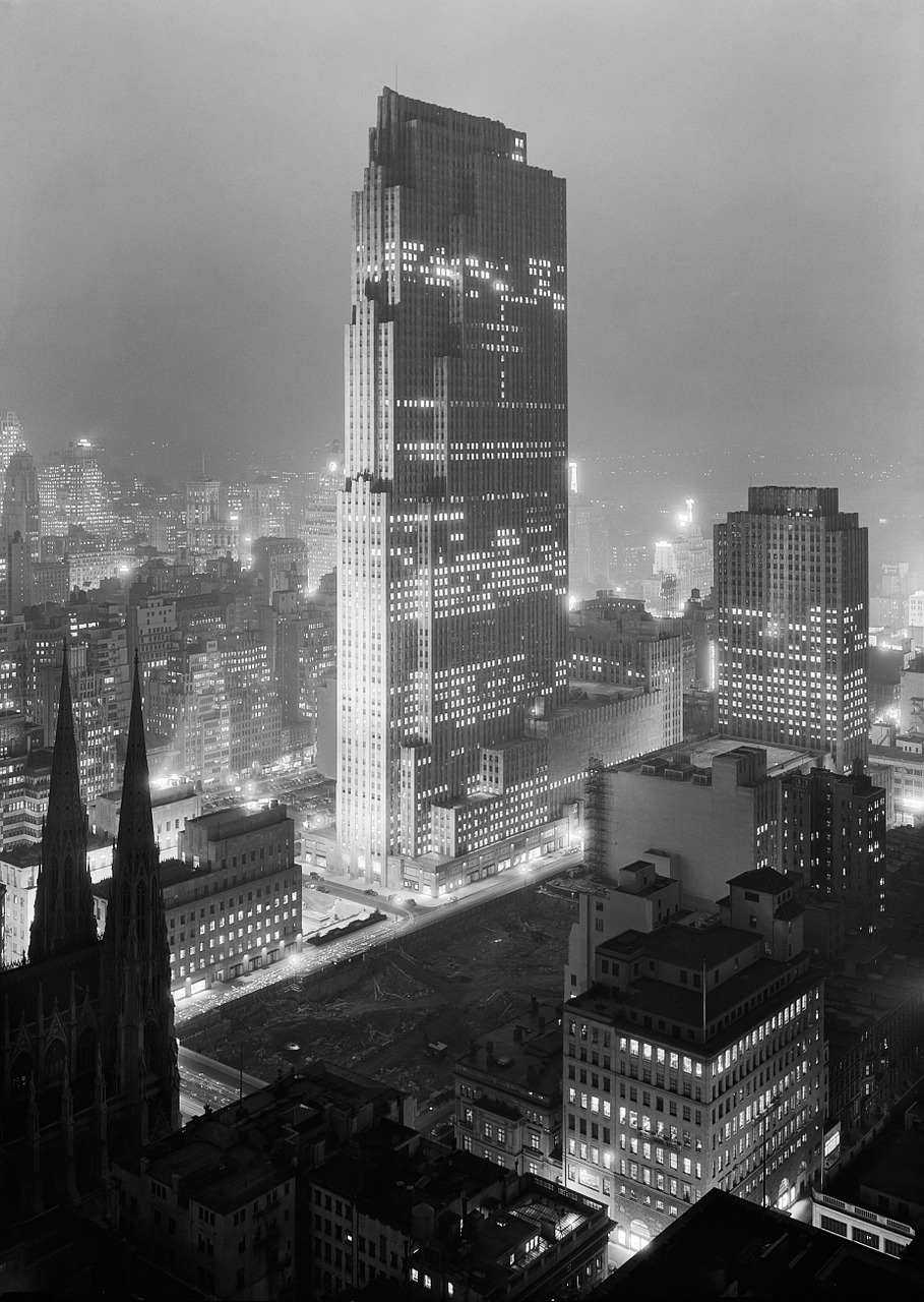 Rockefeller Centras, Dangoraižis, Niujorkas, Nyc, Niujorkas, Ny, Miestas, Juoda Ir Balta, 1933, Usa