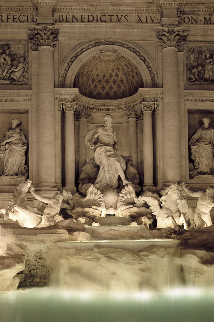 Roma, Fontana Di Trevi, Naktis, Romė Naktį, Paminklas, Romėnų Paminklas, Fontana, Vanduo, Statulos, Statula