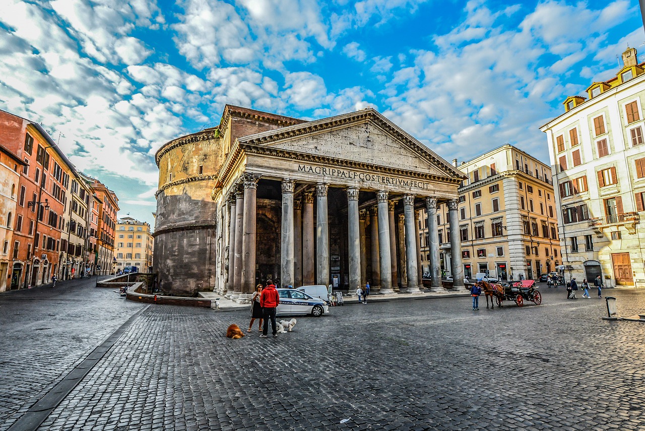 Roma, Panteonas, Piazza, Rotonda, Dangus, Arklys, Vežimas, Šunys, Rytas, Italy