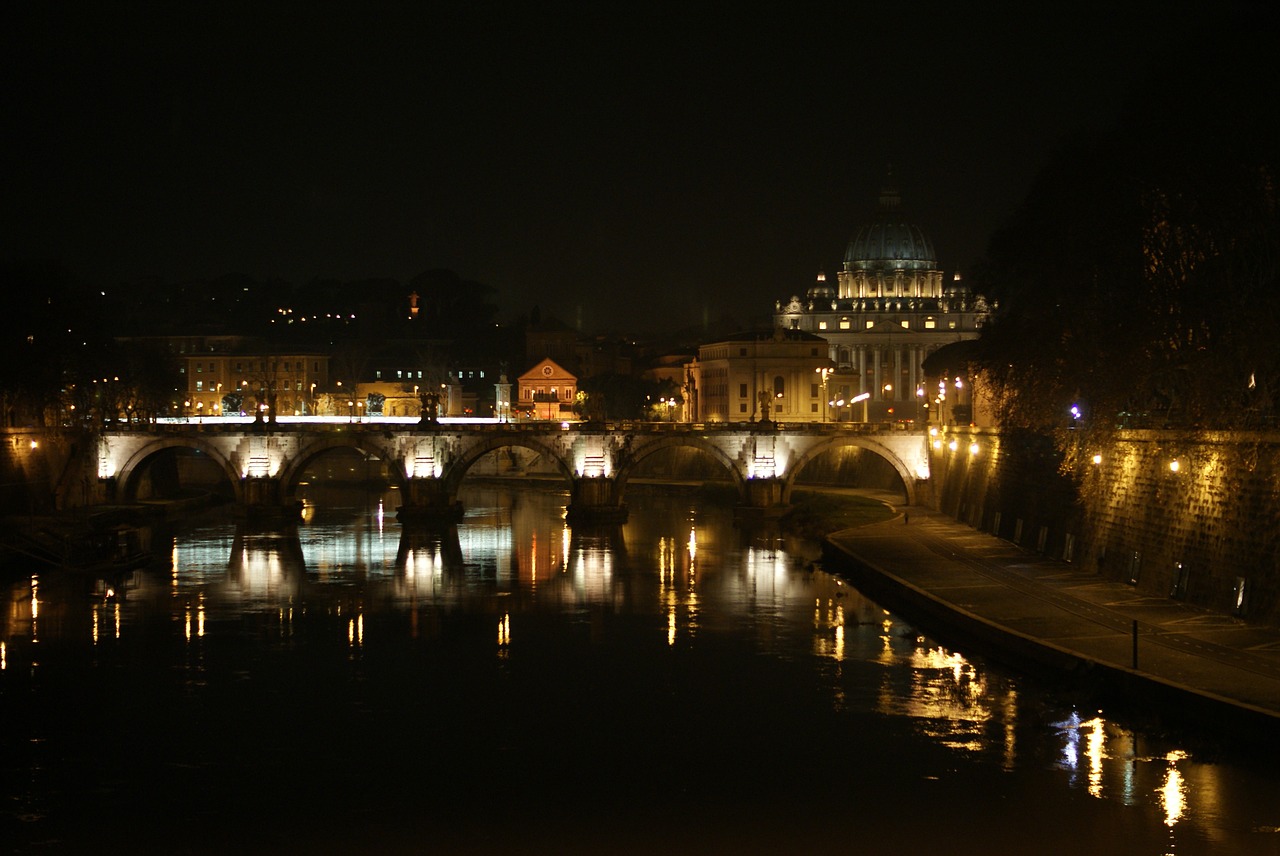 Roma, Vatikanas, Naktis, Italy, Šv. Petro Katedra, Vatikano Kalnas, Architektūra, Bazilika, Bažnyčia, Upė