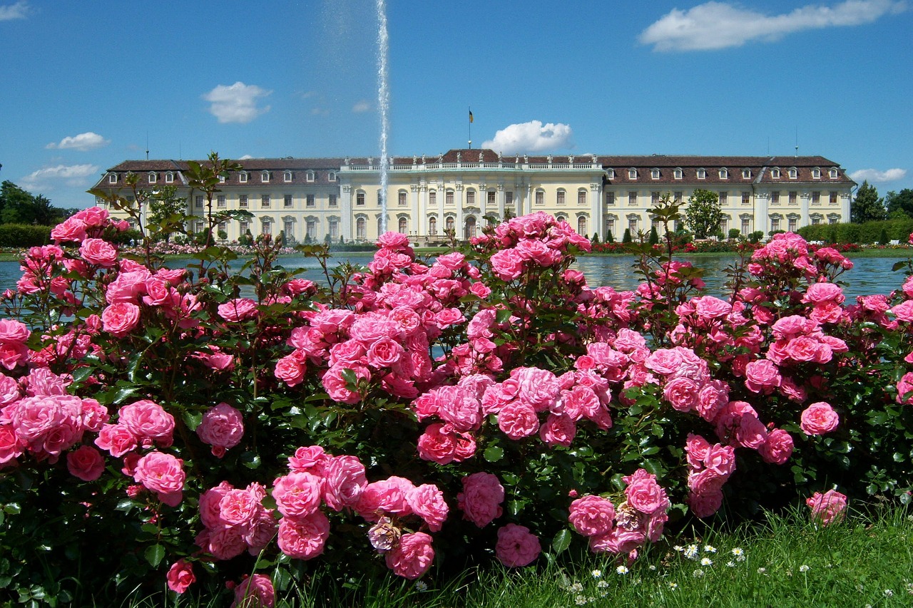 Rožės, Parkas, Fontanas, Gėlė, Rūmai, Architektūra, Pavasaris, Ludwigsburg, Vokietija, Istorinis