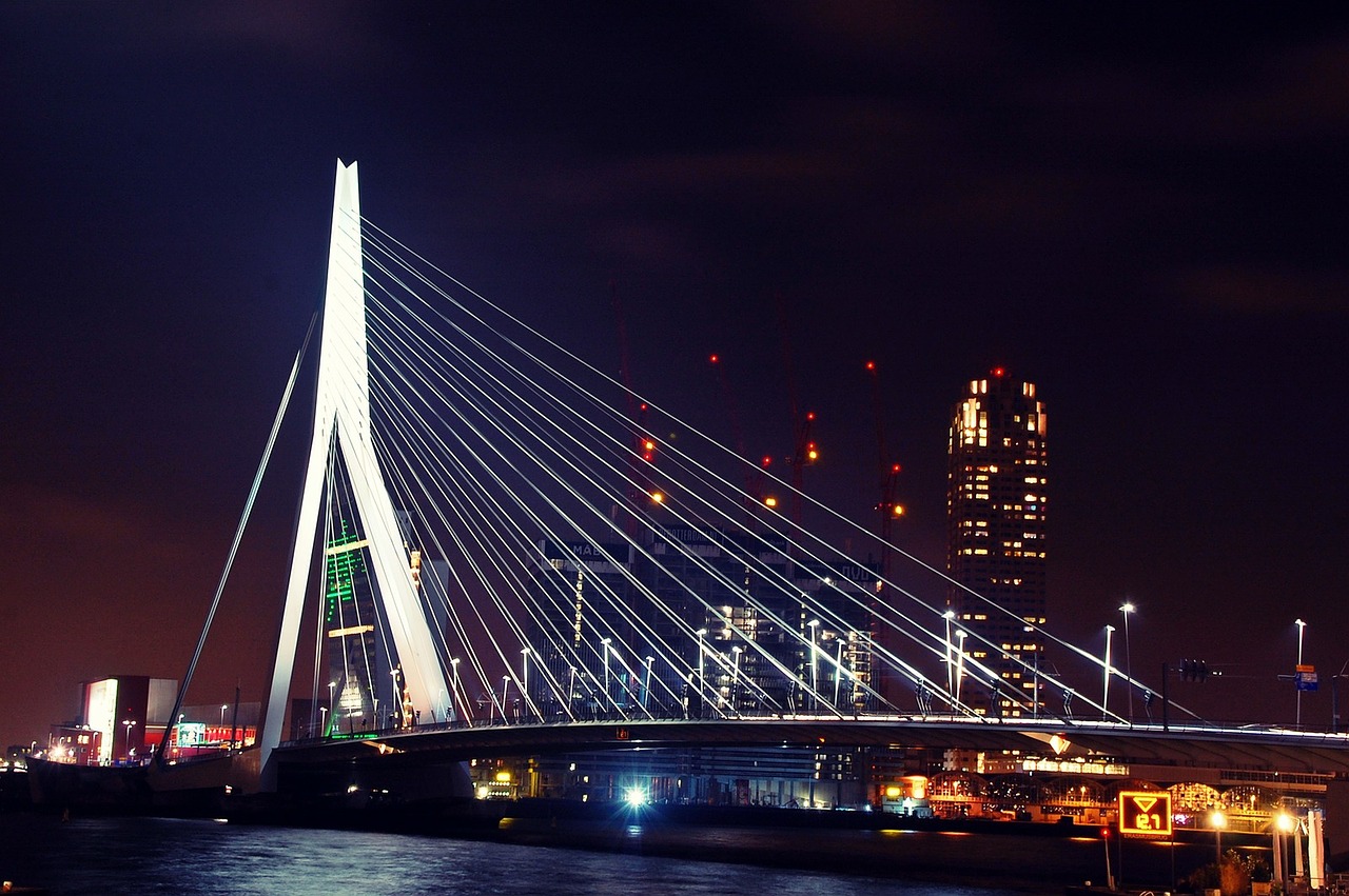 Rotterdam, Tiltas, Architektūra, Holland, Erasmus, Orientyras, Naktis, Naktinis Kulka, Nemokamos Nuotraukos,  Nemokama Licenzija