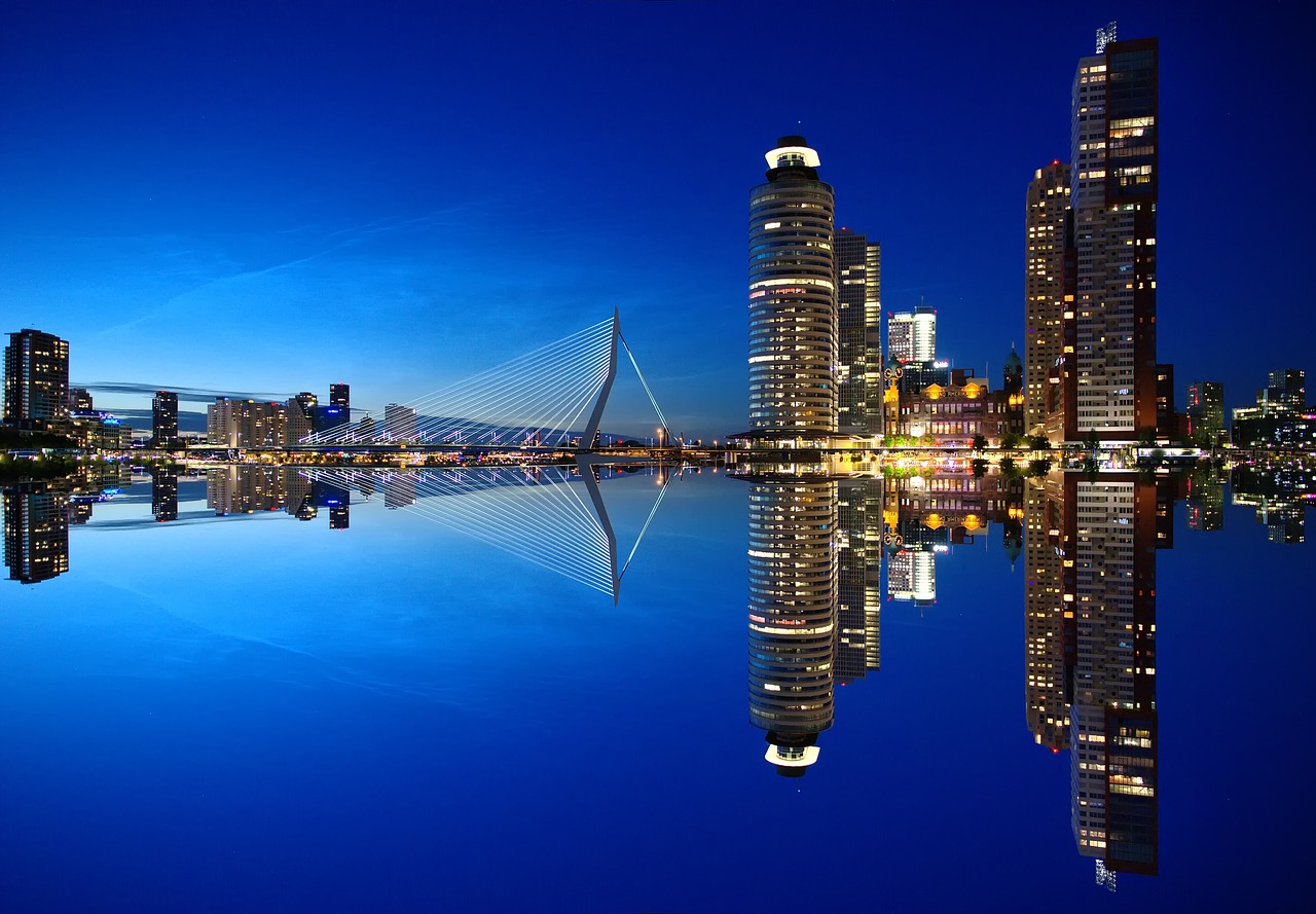 Rotterdam, Panorama, Architektūra, Nyderlandai, Miestas, Dangoraižis, Dangoraižiai, Uostas, Erasmo Tiltas, Vanduo
