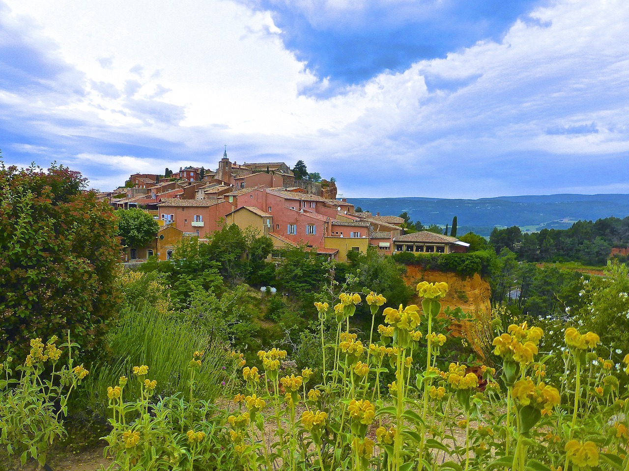 Roussillon, Kaimas, Gėlės, Žydi, Raudona, France, Provence, Istorinis, Turizmas, Dangus
