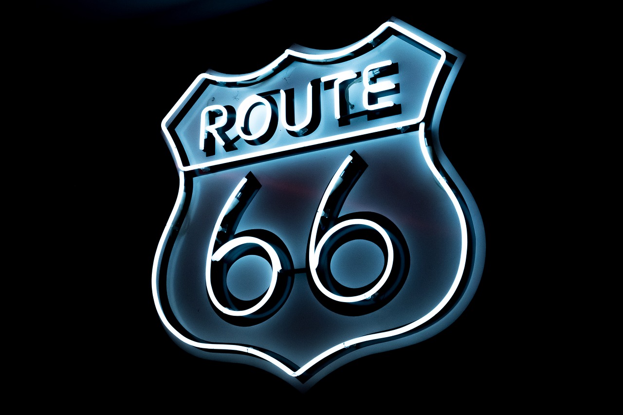 Route 66,  Transportas,  Neoninė Šviesa,  Šviesus,  Šviesos,  Šviesti,  Juodas Fonas,  66,  Highway,  Transportas
