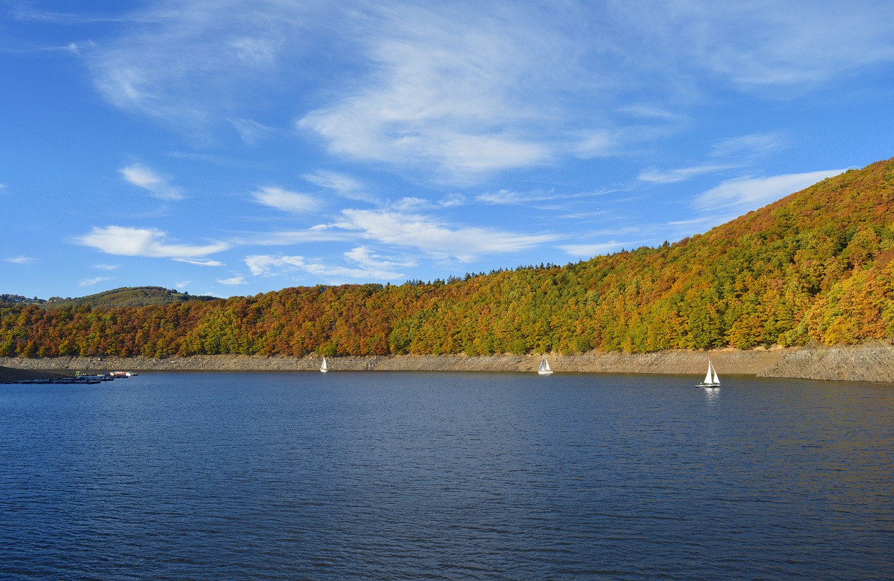 Rurtalsperre, Eifel, Ežeras, Vanduo, Vokietija, Kraštovaizdis, Rudens Miškas, Spalvinga, Spalvoti Lapai, Šventė