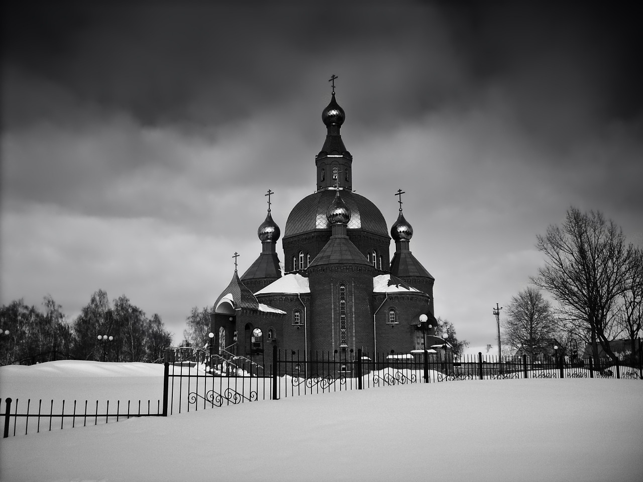 Rusija, Bažnyčia, Ortodoksas, Juoda Ir Balta, Dangus, Debesys, Pastatas, Architektūra, Žiema, Sniegas