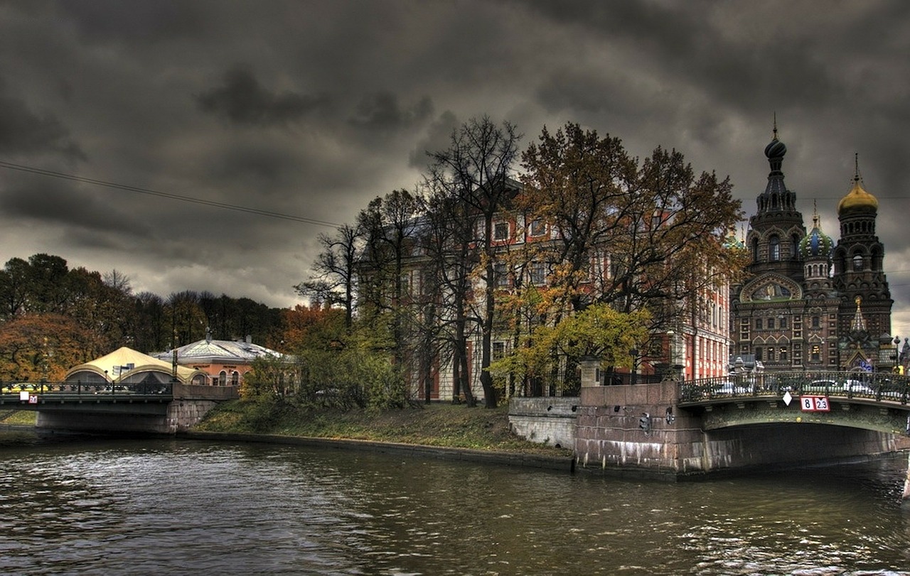 Rusija, Dangus, Debesys, Upė, Vanduo, Bažnyčia, Pastatai, Hdr, Dusk, Medžiai