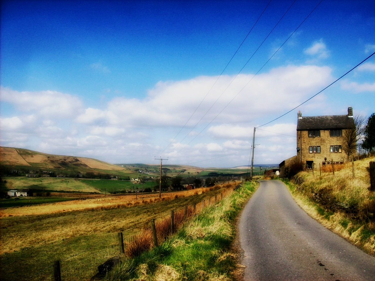 Saddleworth, Anglija, Kelias, Lauke, Namas, Dangus, Debesys, Kraštovaizdis, Vaizdingas, Hdr