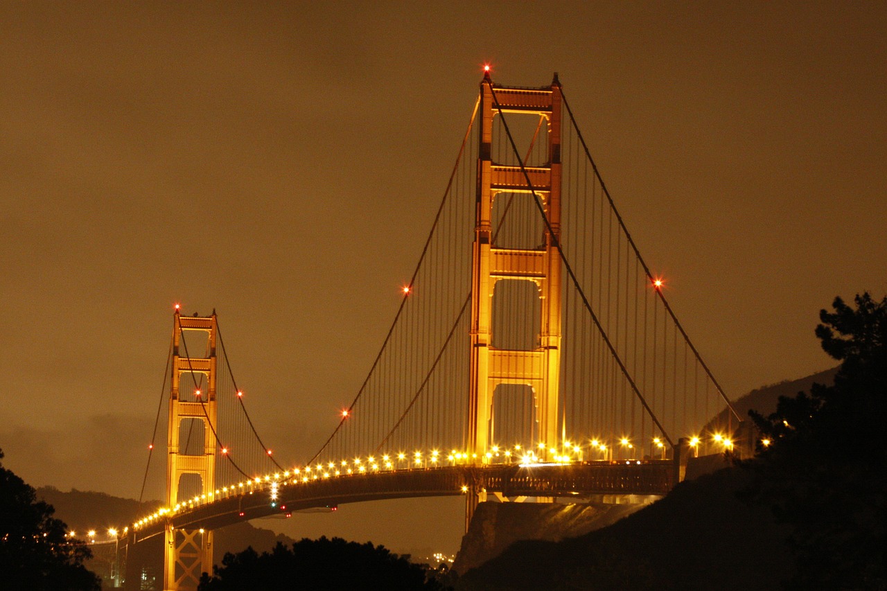 San Franciskas, Auksinių Vartų Tiltas, Kabantis Tiltas, Tiltas, Kalifornija, Orientyras, Istorinis, Naktis, Panoraminis, Įlanka