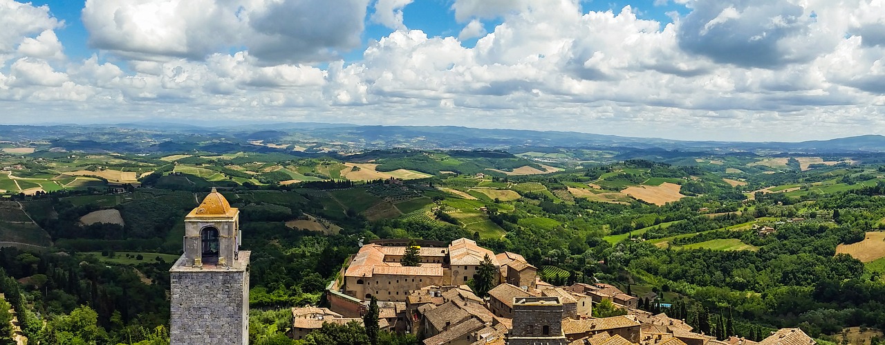 San Gimignano, Italy, Toskana, Miestas, Viduramžiai, Bokštai, Kraštovaizdis, Debesys, Dangus, Panorama