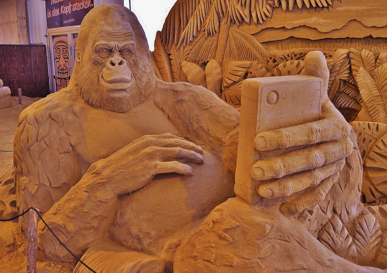 Smėlio Skulptūra, Beždžionė Selfi, Gorila, Mobilusis Telefonas, Menas, Paroda, Nemokamos Nuotraukos,  Nemokama Licenzija