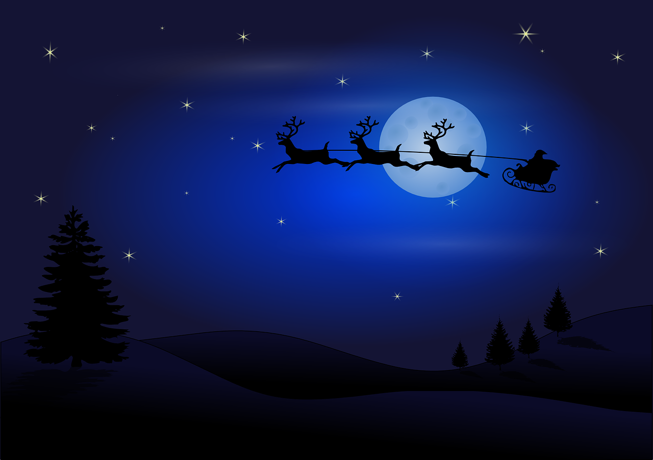 Santa, Claus, Kalėdos, Šiaurės Elniai, Kranai, Skraidantis, Naktis, Rogės, Mėnulis, Šventė