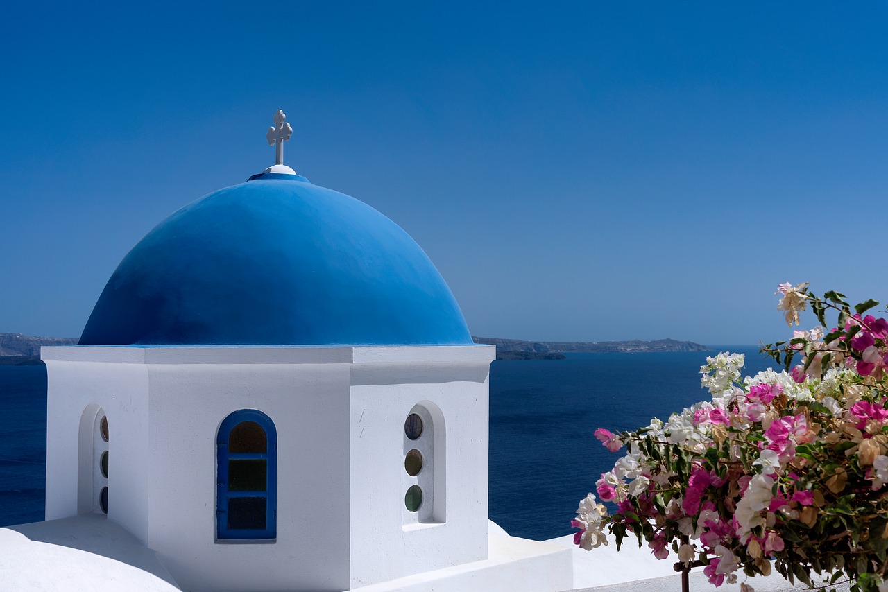 Santorini, Mėlynas, Kupolas, Sala, Graikija, Kelionė, Balta, Atostogos, Viduržemio Jūros, Architektūra