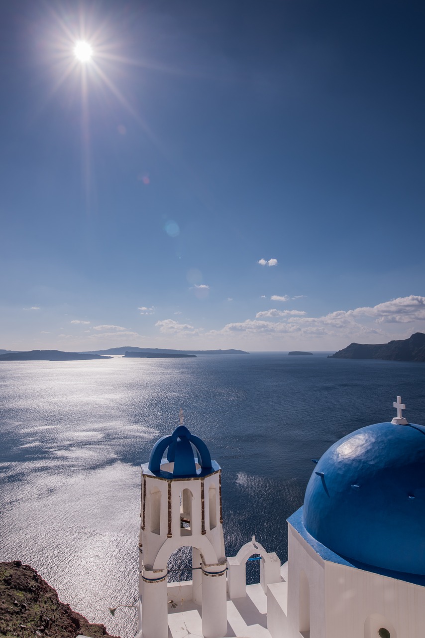 Santorini, Graikija, Vidurdienio Saulė, Mėlynas Kupolas, Bažnyčia, Egėjo Jūra, Viduržemio Jūros, Ciklai, Kelionė, Sala