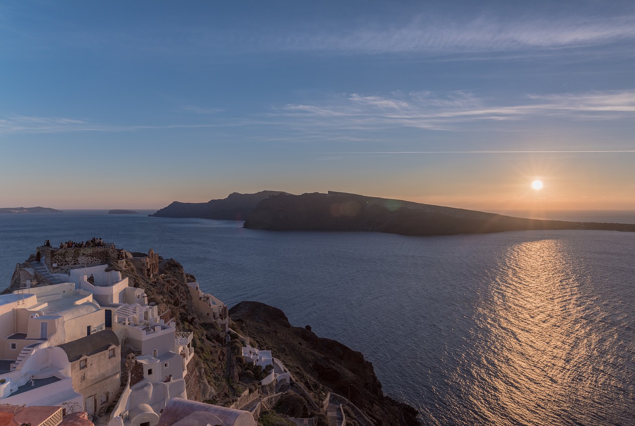 Santorini, Pilis, Saulėlydis, Graikija, Sala, Architektūra, Oia, Scena, Auksinis, Vakaras