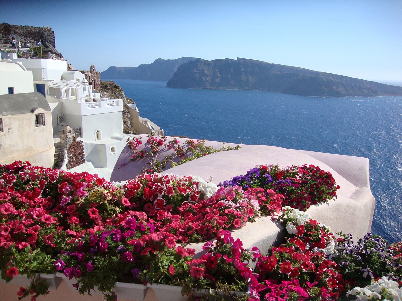Santorini, Graikija, Kaldera, Oia, Vulkanas, Viduržemio Jūra, Saulė, Šviesa, Gėlės, Ciklai