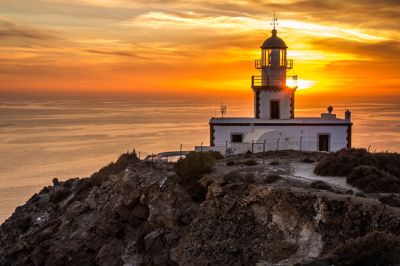 Santorini Akrotiri Švyturys, Vandenynas, Šviesa, Saulėlydis, Dusk, Vakaras, Spalvinga, Kranto, Įspėjimas, Navigacija