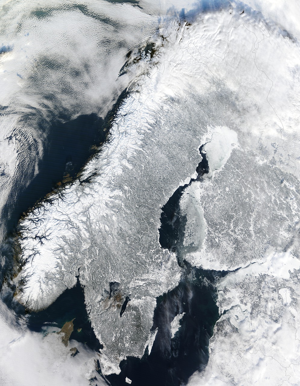 Skandinavija, Norvegija, Žiema, Ledas, Palydovinis Vaizdas, Oro Vaizdas, 2003, Palydovinė Nuotrauka, Šiaurės Europa, Švedija