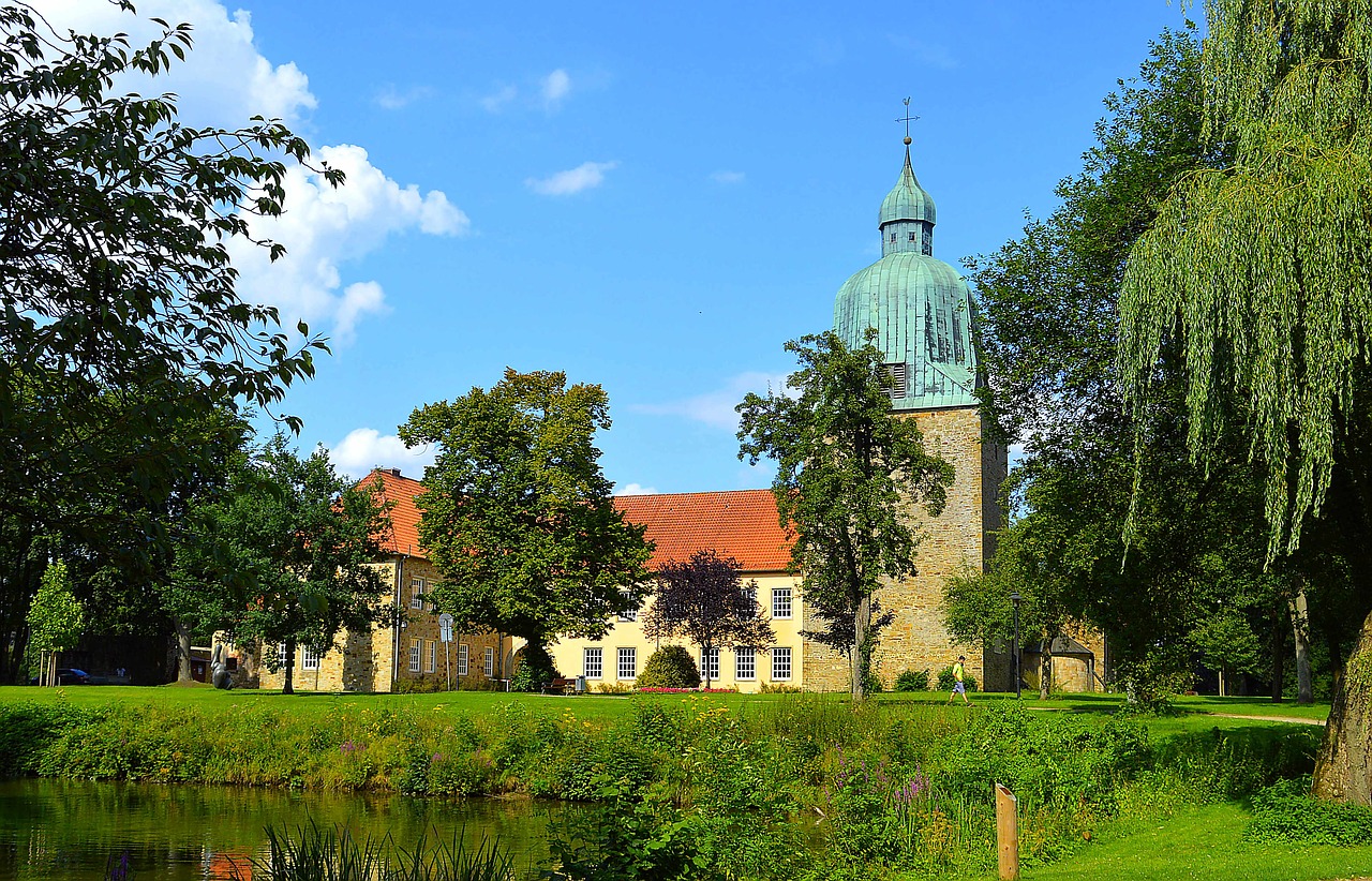 Schloss Fürstenau, Žemutinė Saksonija, Kraštovaizdis, Osnabrück, Fürstenau, Vokietija, Gamta, Debesys, Dangus, Ežeras