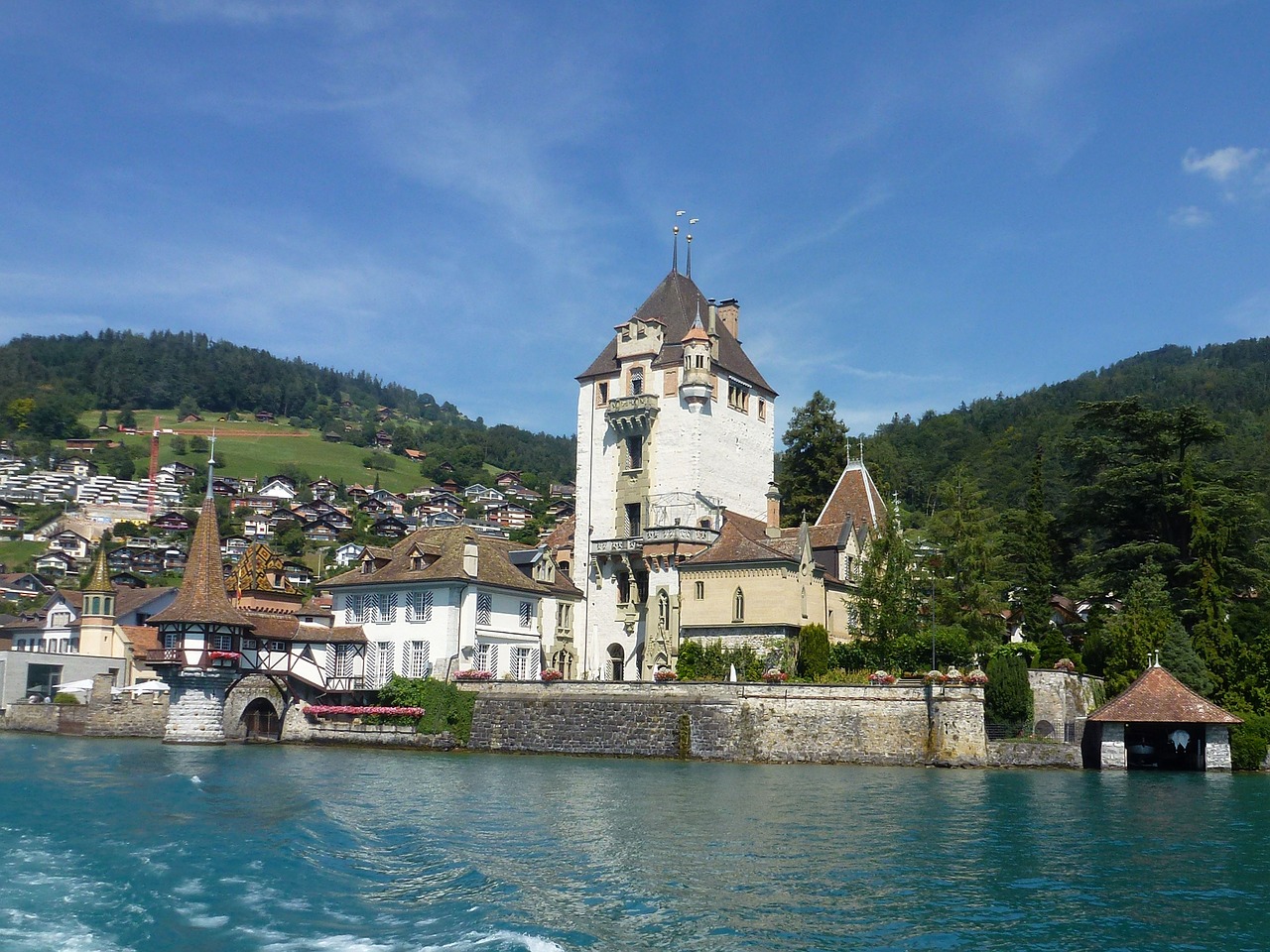 Schloss Oberhofen, Berni Oberland, Ežeras, Vaizdingas, Šveicarija, Kalnai, Vasara, Vanduo, Thun, Banga