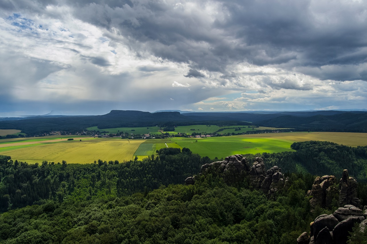 Schrammstein Požiūris, Schramsteinas, Vaizdas, Debesys, Vasara, Saksonijos Šveicarija, Saksonija, Panorama, Vakarinė Pakrantė, Kraštovaizdis