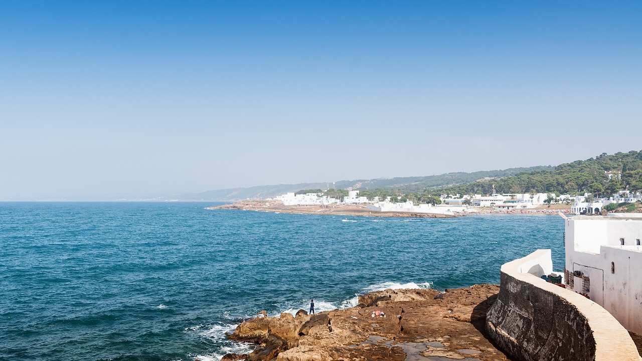 Jūra, Viduržemio Jūros, Tipaza, Algeria, Afrika, Architektūra, Vasara, Saulė, Dangus, Mėlynas