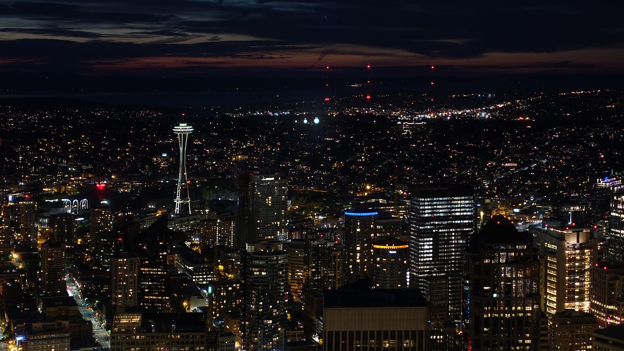 Seattle, Oro Vaizdas, Panorama, Naktinė Nuotaika, Šviesos Jūra, Namai, Miestas, Naktis, Naktinė Nuotrauka, Usa