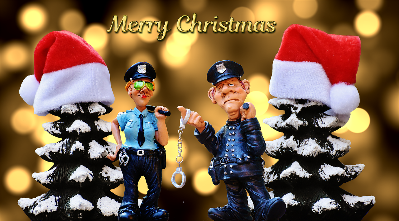 Saugumas, Kalėdų Rinka, Policija, Buvimas, Kalėdos, Eglės, Sniegas, Medžiai, Juokinga, Santa Skrybėlė
