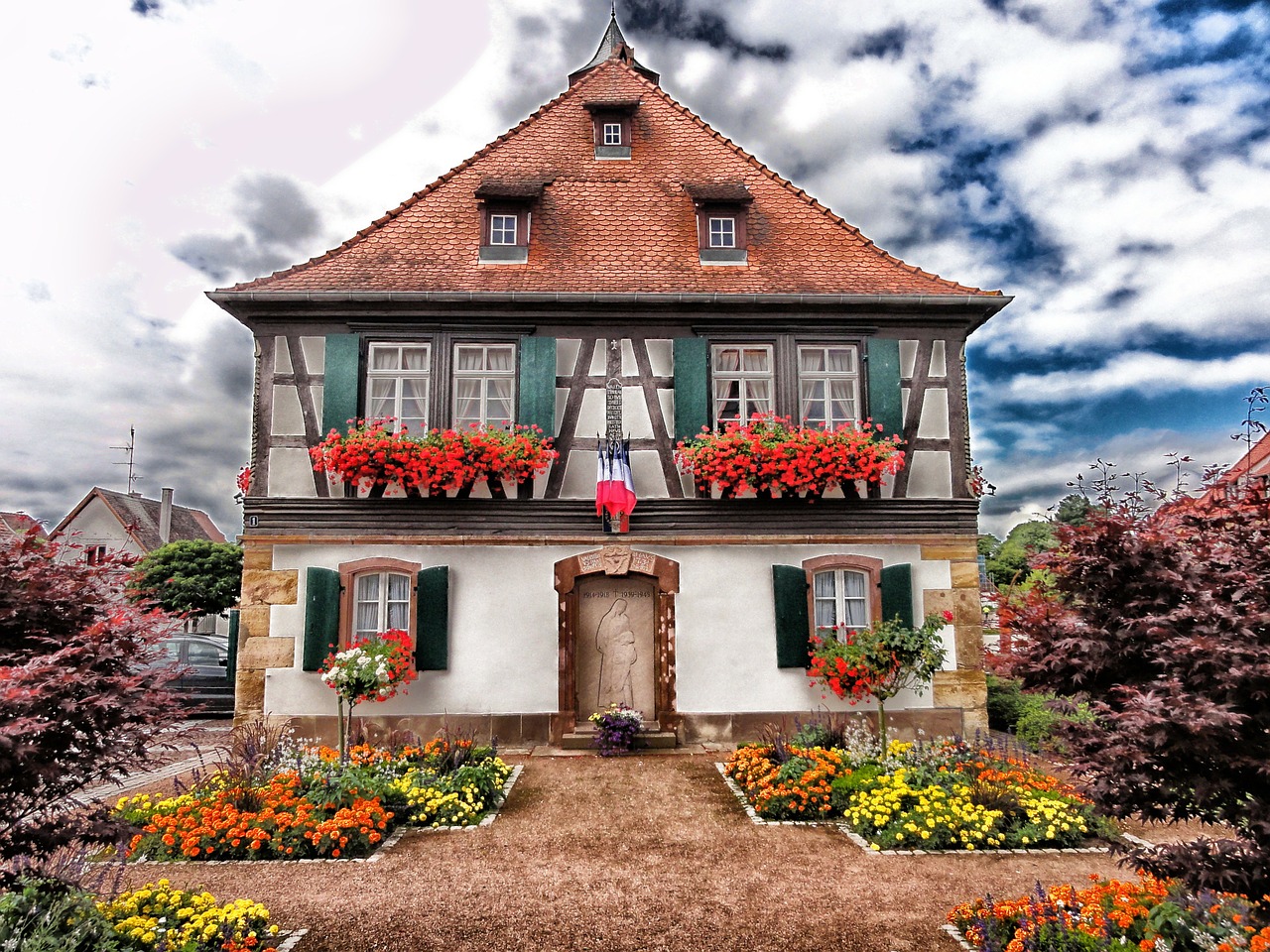 Seebach, France, Namas, Namai, Architektūra, Gėlės, Tradicinis Stilius, Augalai, Medžiai, Dangus