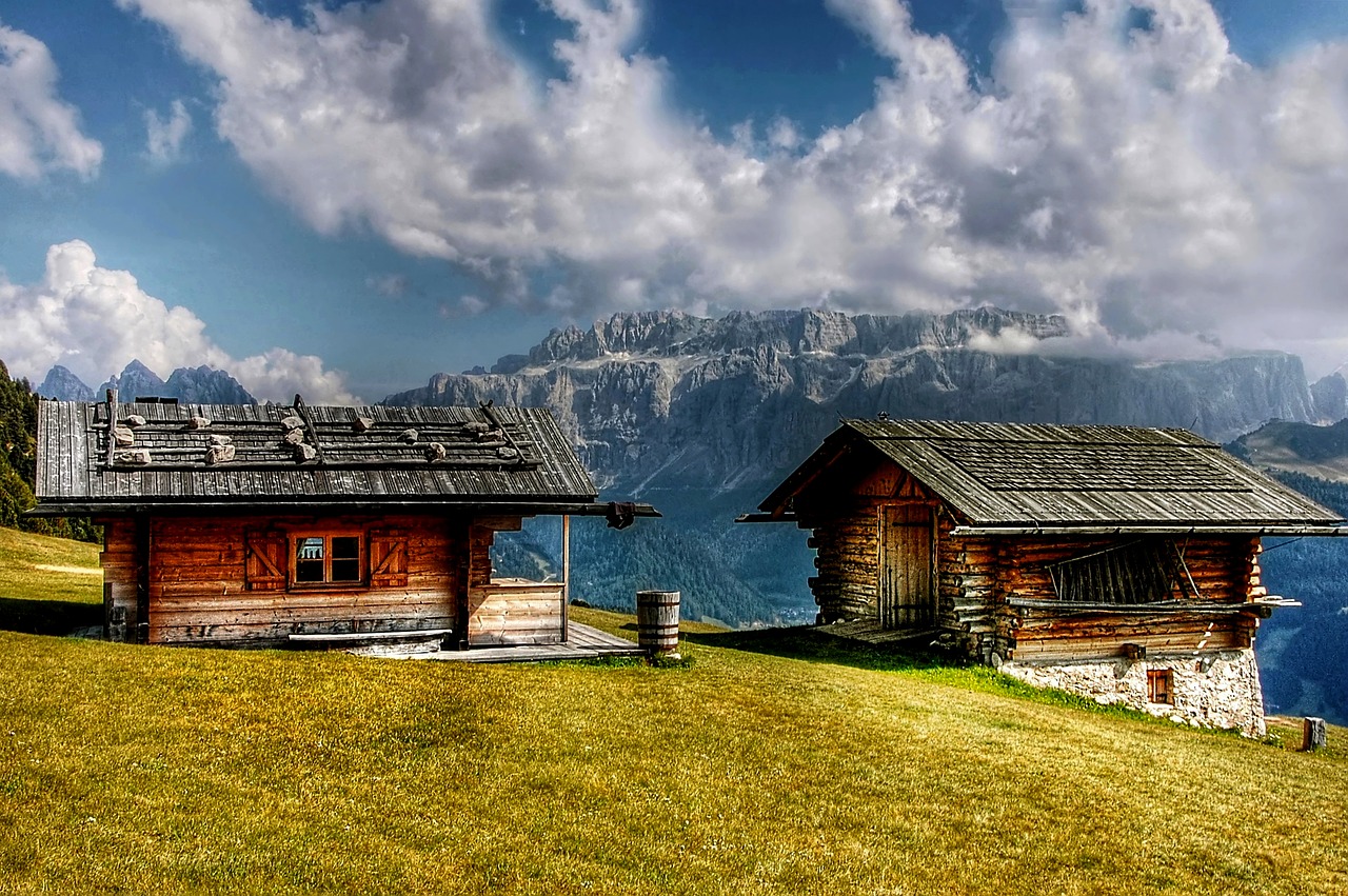 Sella, Dolomitai, Kotedžai, Kalnai, Alpių, Italy, South Tyrol, Sella Grupė, Kraštovaizdis, Vaizdas