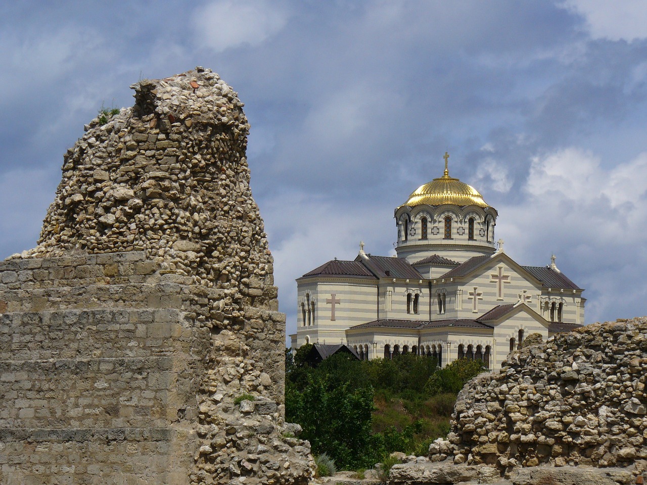 Sevastopolis, Ukraina, Šv. Vladimiro Katedra, Bažnyčia, Akmenys, Dangus, Debesys, Architektūra, Tikėjimas, Religija